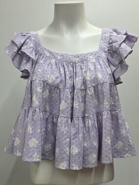 Maia Bergman Lilac Eyelet Ruffle Sleeve Square-Neck Women’s Top XS Romantic